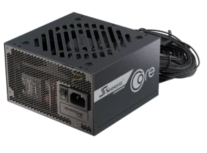 Angled back view of the Seasonic CORE BC / GC ATX 3.1 power supply with visible mesh exhaust and integrated power switch.