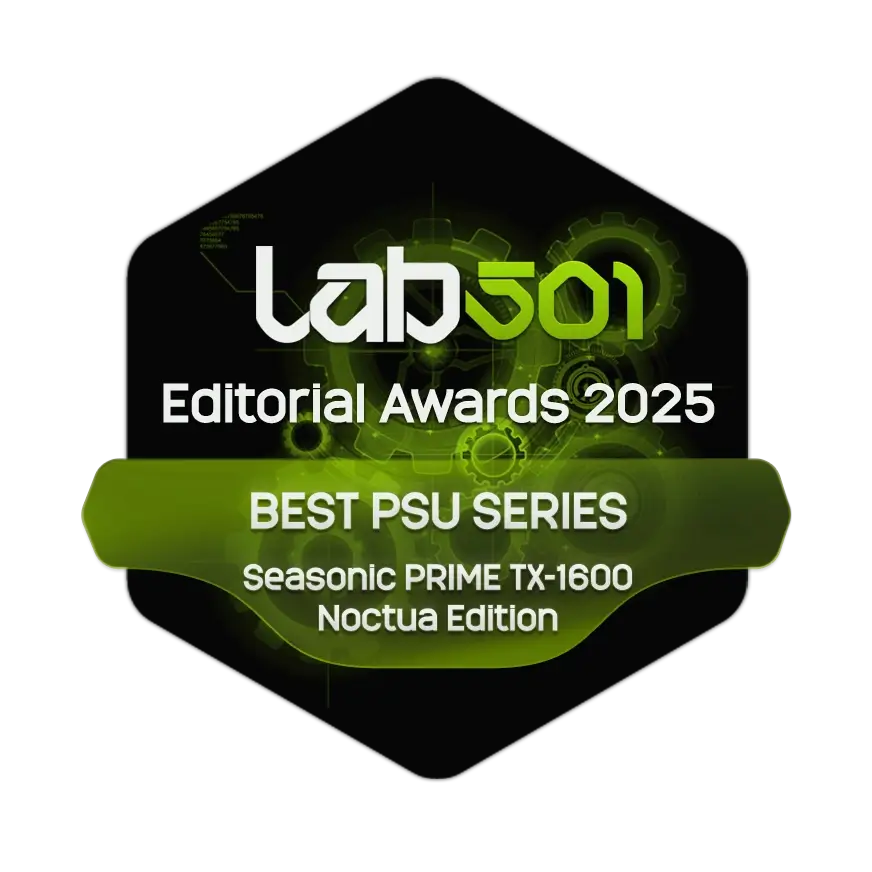 Insignia del Premio Editorial Lab501 2025 a la Mejor Serie de PSU otorgada a Seasonic PRIME TX -Edición Noctua 1600.
