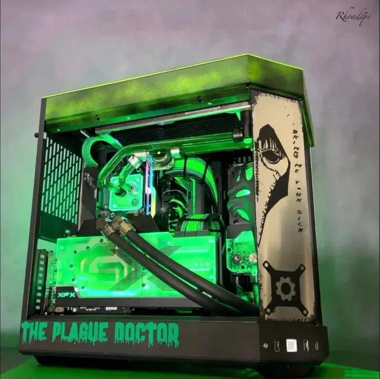 The Plague Doctor custom PC mod with green lighting by GrimRoot Studio