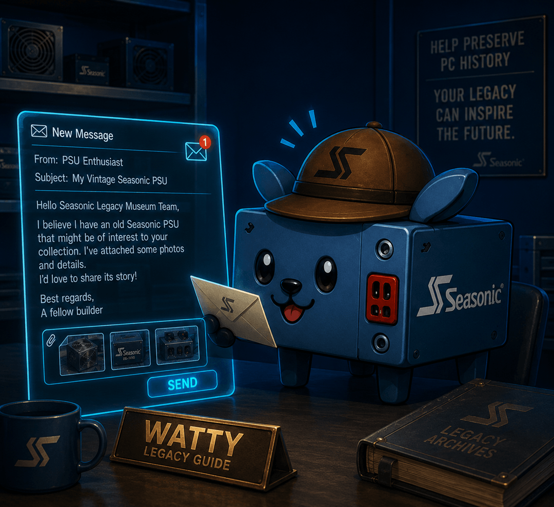 Watty receiving a message from a PSU enthusiast about a vintage Seasonic power supply