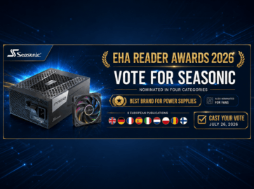 Seasonic EHA Reader Awards 2026 voting banner featuring a PRIME power supply, MagFlow fan, and nine European publication flags.