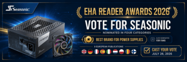 Seasonic EHA Reader Awards 2026 voting banner featuring a PRIME power supply, MagFlow fan, and nine European publication flags.